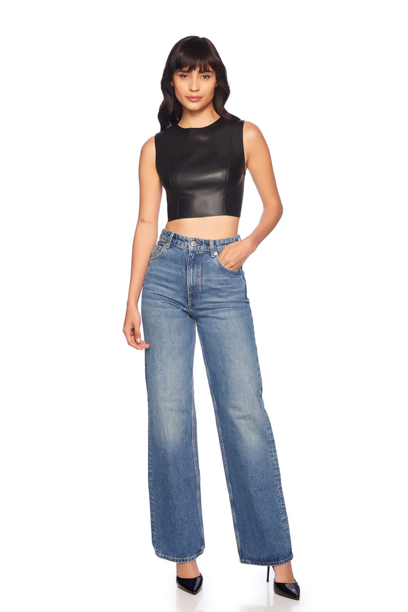 Slate Gray Faux Leather Crew Sleeveless Top Crop Top