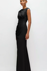 Black Sleeveless Cap Shoulder Crepe Maxi Dress in Black Formal Dress