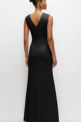 Black Sleeveless Cap Shoulder Crepe Maxi Dress in Black Formal Dress