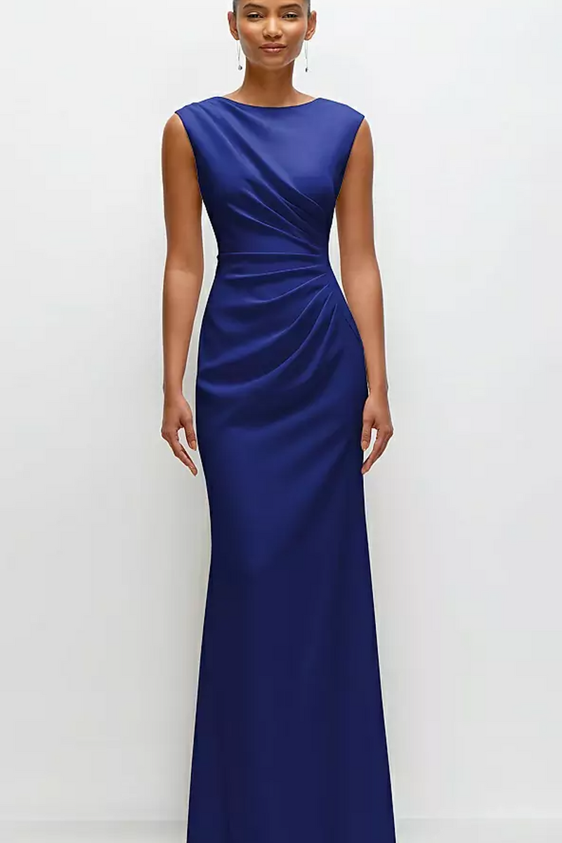 Midnight Blue Sleeveless Cap Shoulder Crepe Maxi Dress in Cobalt Blue Formal Dress