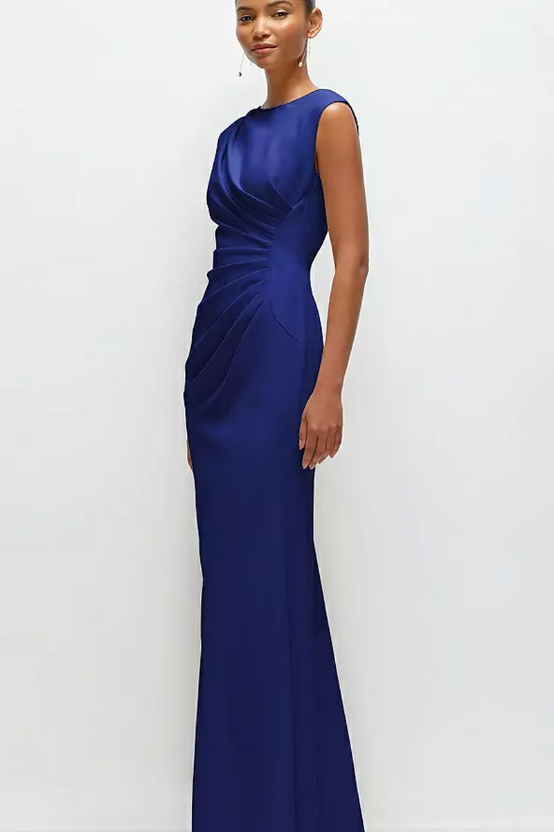 Midnight Blue Sleeveless Cap Shoulder Crepe Maxi Dress in Cobalt Blue Formal Dress