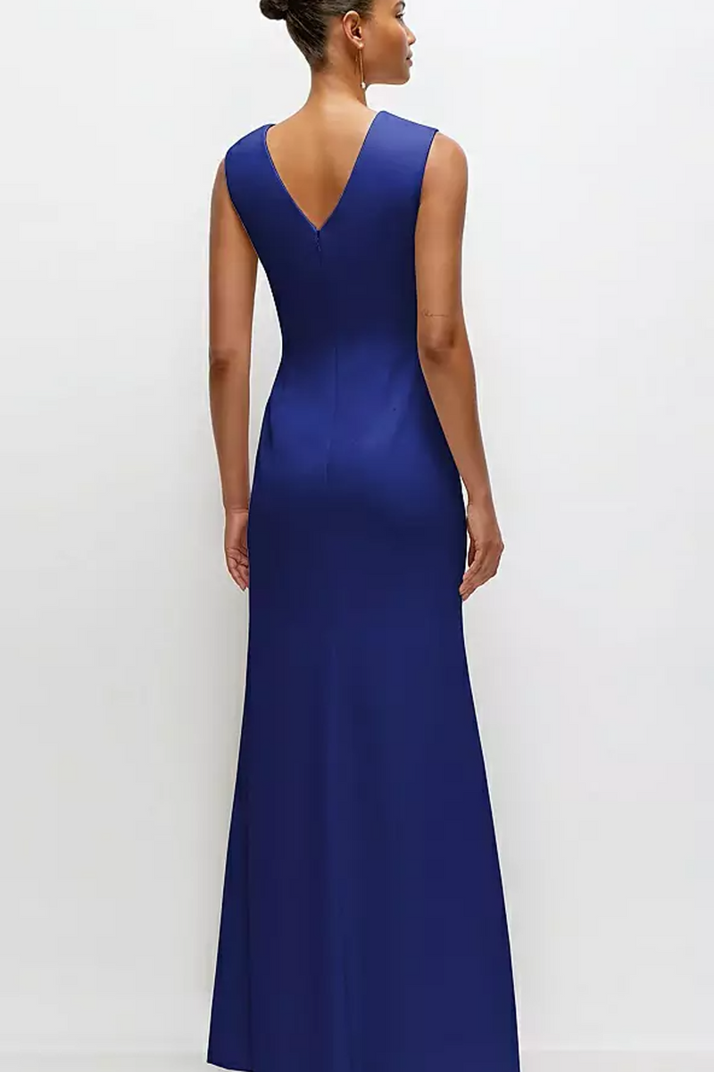 Midnight Blue Sleeveless Cap Shoulder Crepe Maxi Dress in Cobalt Blue Formal Dress