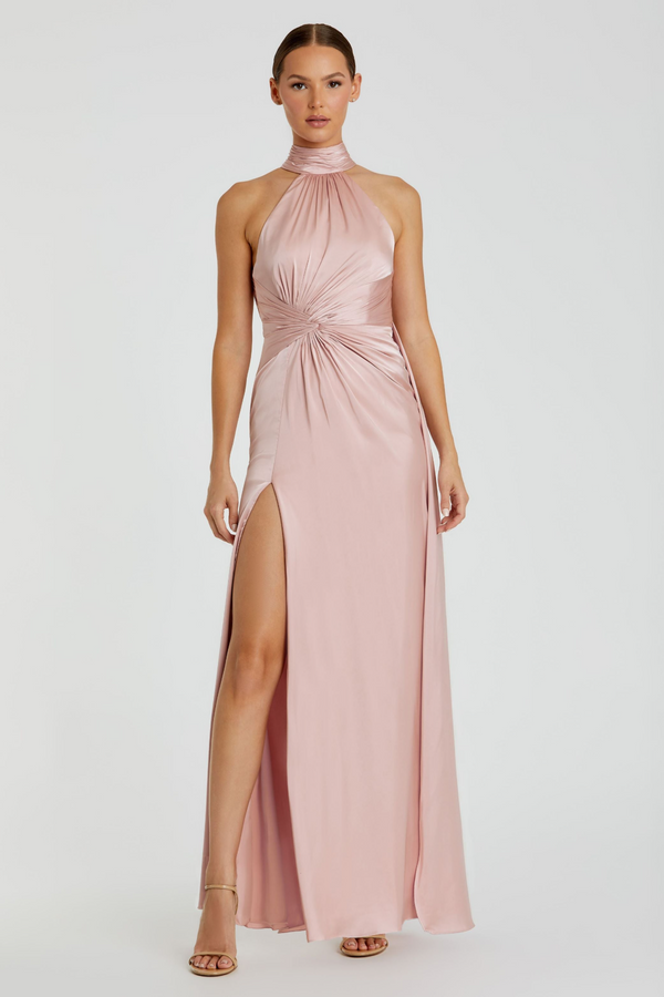 Light Gray Open Back High Neck Side Ruched Gown | Shell Pink Formal Dress