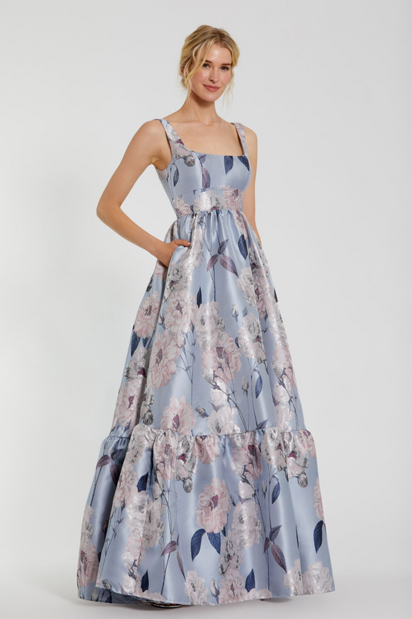 Light Gray Floral Printed Satin Square Neck Gown | Blue Multi Formal Dress