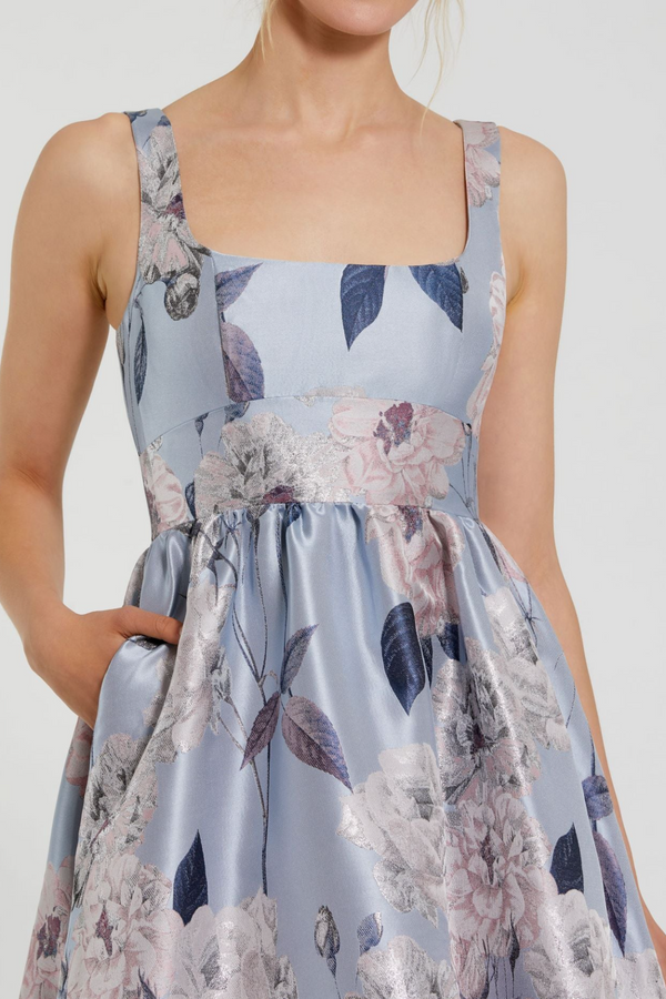 Gray Floral Printed Satin Square Neck Gown | Blue Multi Formal Dress