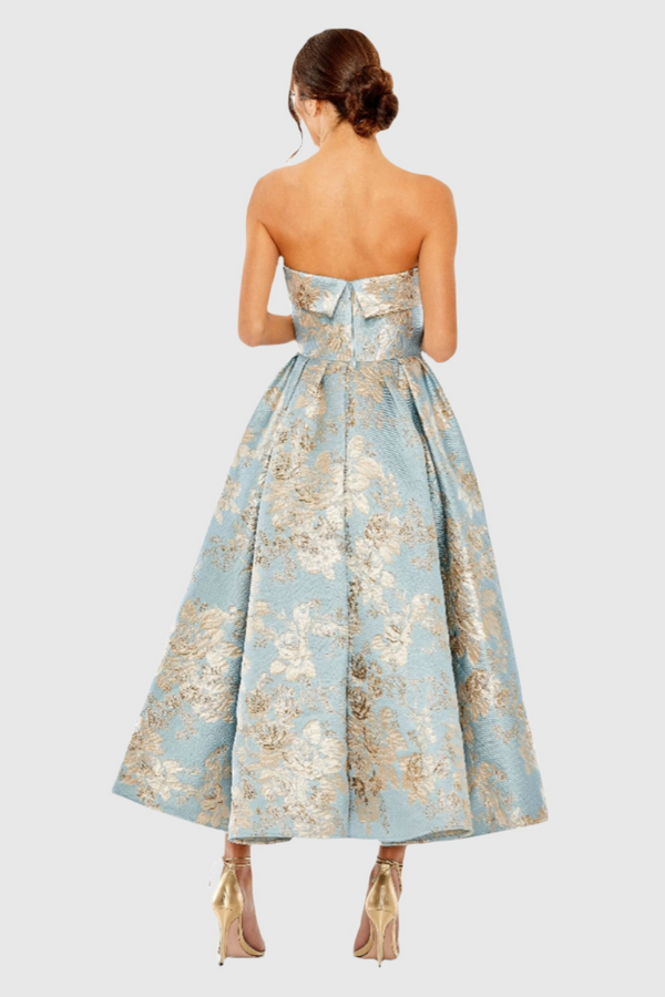 Light Gray Strapless Brocade Midi Dress with Pockets | Blue Multi Formal Dress