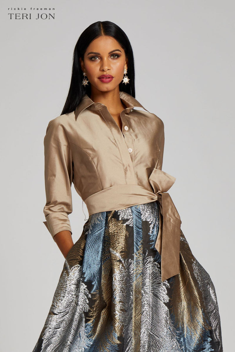 Gray Taffeta Shirt Gown With Feather Pattern Formal Dress