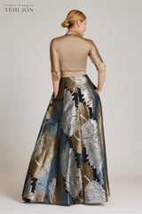 Gray Taffeta Shirt Gown With Feather Pattern Formal Dress