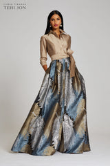 Gray Taffeta Shirt Gown With Feather Pattern Formal Dress