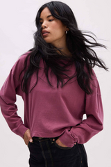 Brown Relaxed Crop Long Sleeve Tee Top