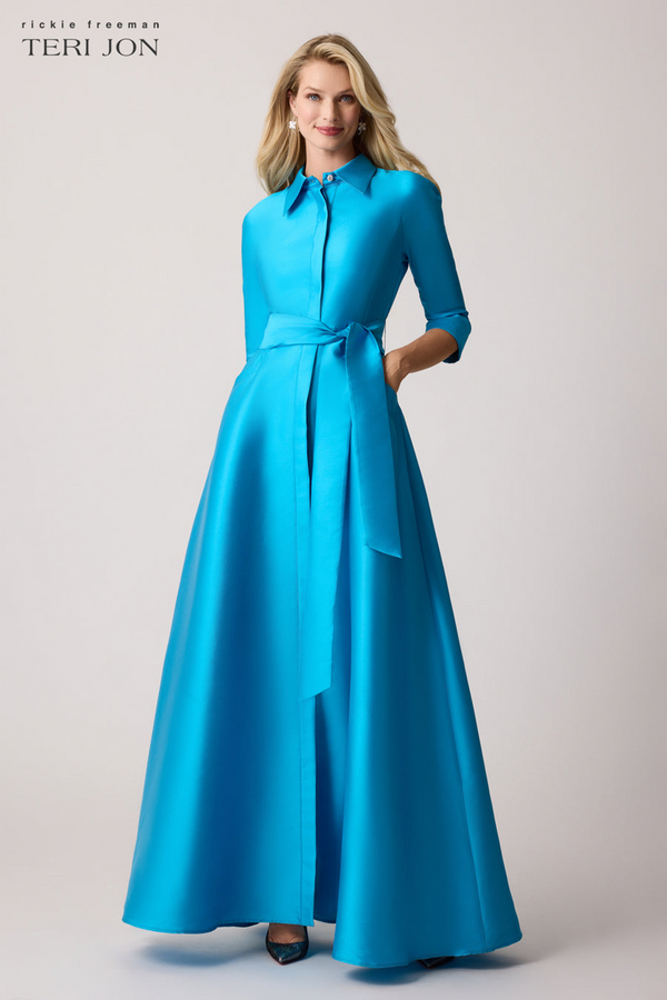 Dark Cyan Mikado Twill Shirt Waist Gown Formal Dress