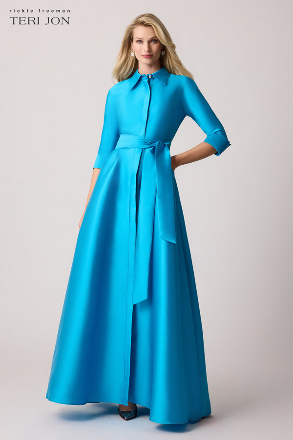 Dark Cyan Mikado Twill Shirt Waist Gown Formal Dress