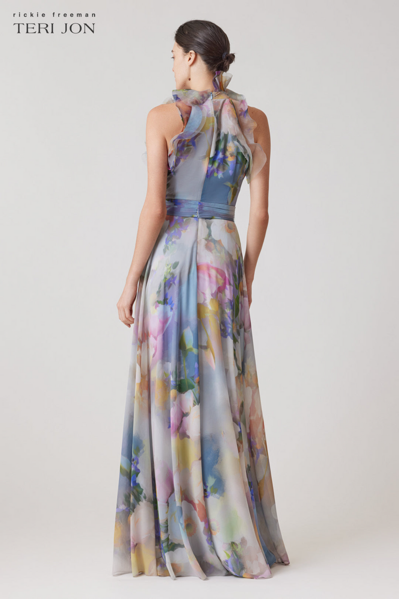 Light Gray Chiffon Watercolor Organza Halter Gown Formal Dress