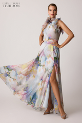 Light Gray Chiffon Watercolor Organza Halter Gown Formal Dress