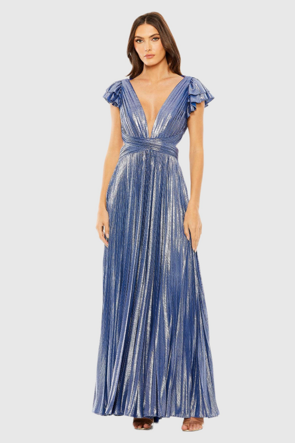 Beige Ruffle Sleeve Cutout Pleated Metallic Gown | Blue Formal Dress