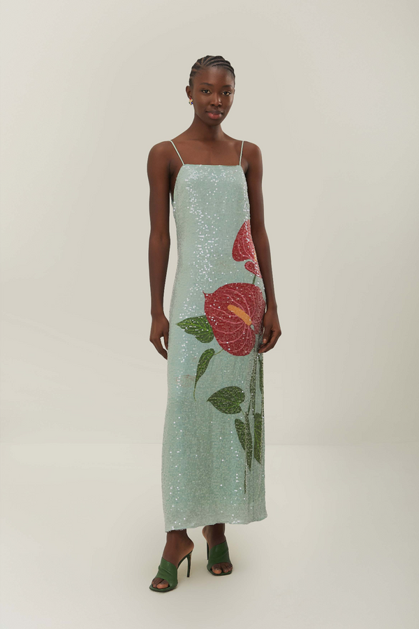 Light Gray Anthurium Flowers Blue Slip Maxi Dress Maxi Dress