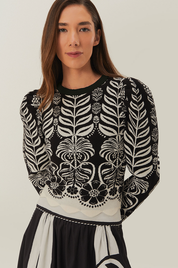 Black Ainika Tropical Splendor Knit Blouse Top