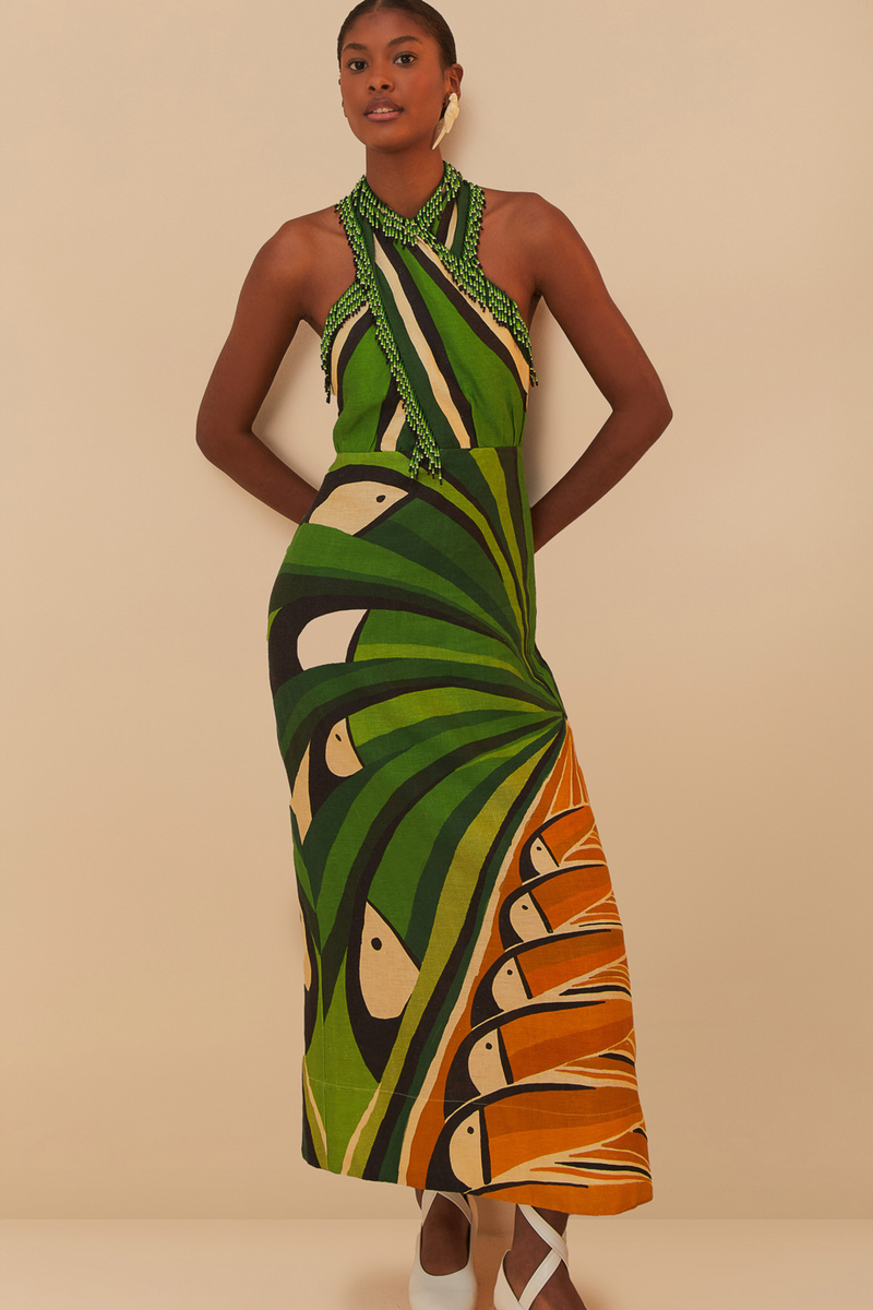 Tan Toucan Tree Green Dress Midi Dress