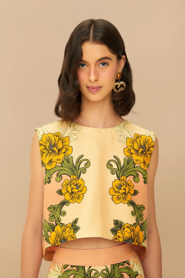 Tan Delicate Flower Arabesques Linen Crop Top Top