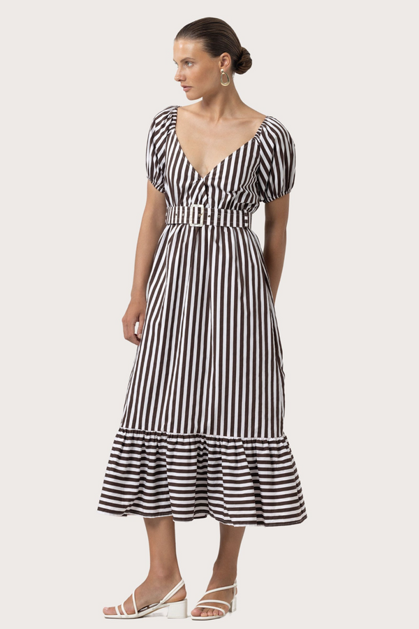 Beige Leeta Belted Poplin Dress in Pencil Stripe Midi Dress