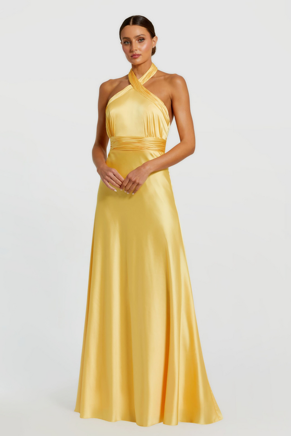 Light Gray Ruched Halter Neck Tie Back Satin Gown | Lemon Formal Dress