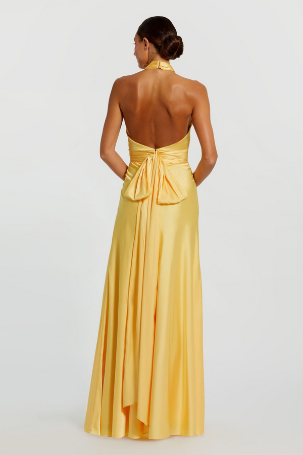 Light Gray Ruched Halter Neck Tie Back Satin Gown | Lemon Formal Dress