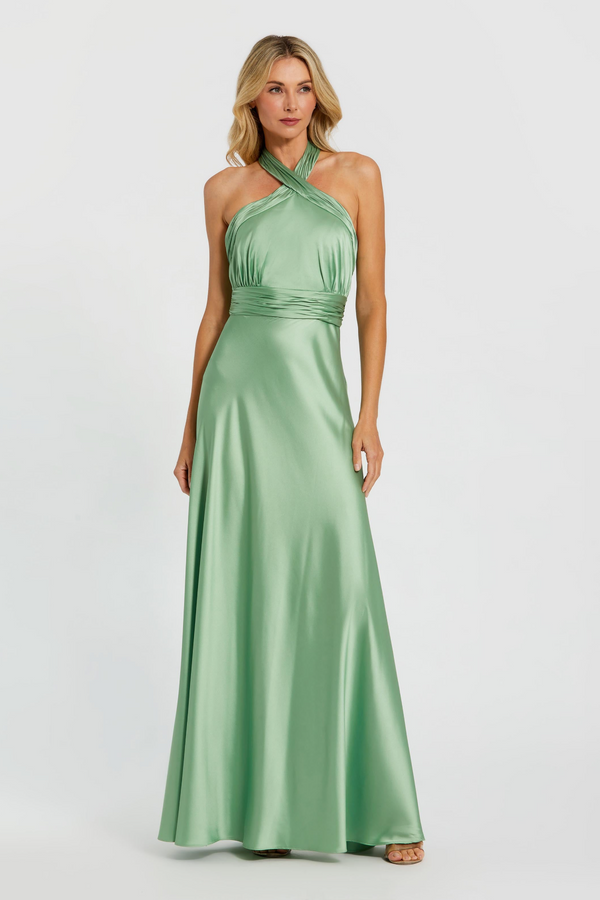 Light Gray Ruched Halter Neck Tie Back Satin Gown | Sage Formal Dress