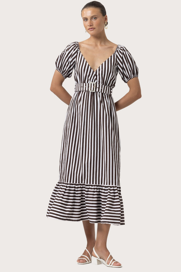 Beige Leeta Belted Poplin Dress in Pencil Stripe Midi Dress