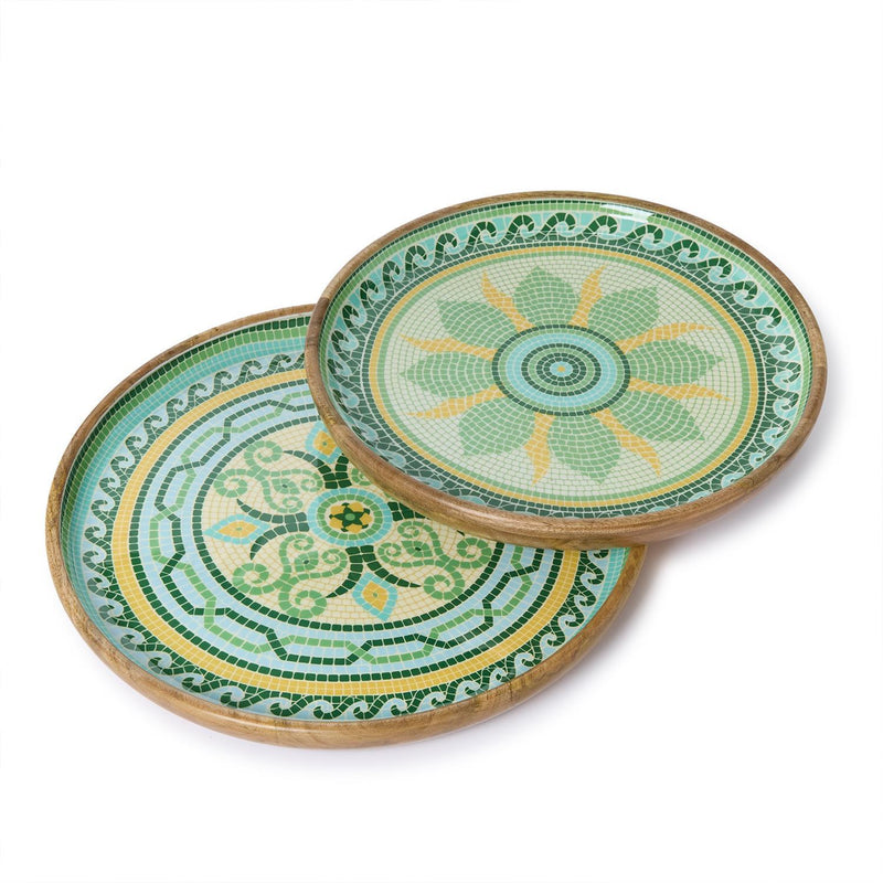 Dark Sea Green Garden View Round Wooden Tray Decorative Tray