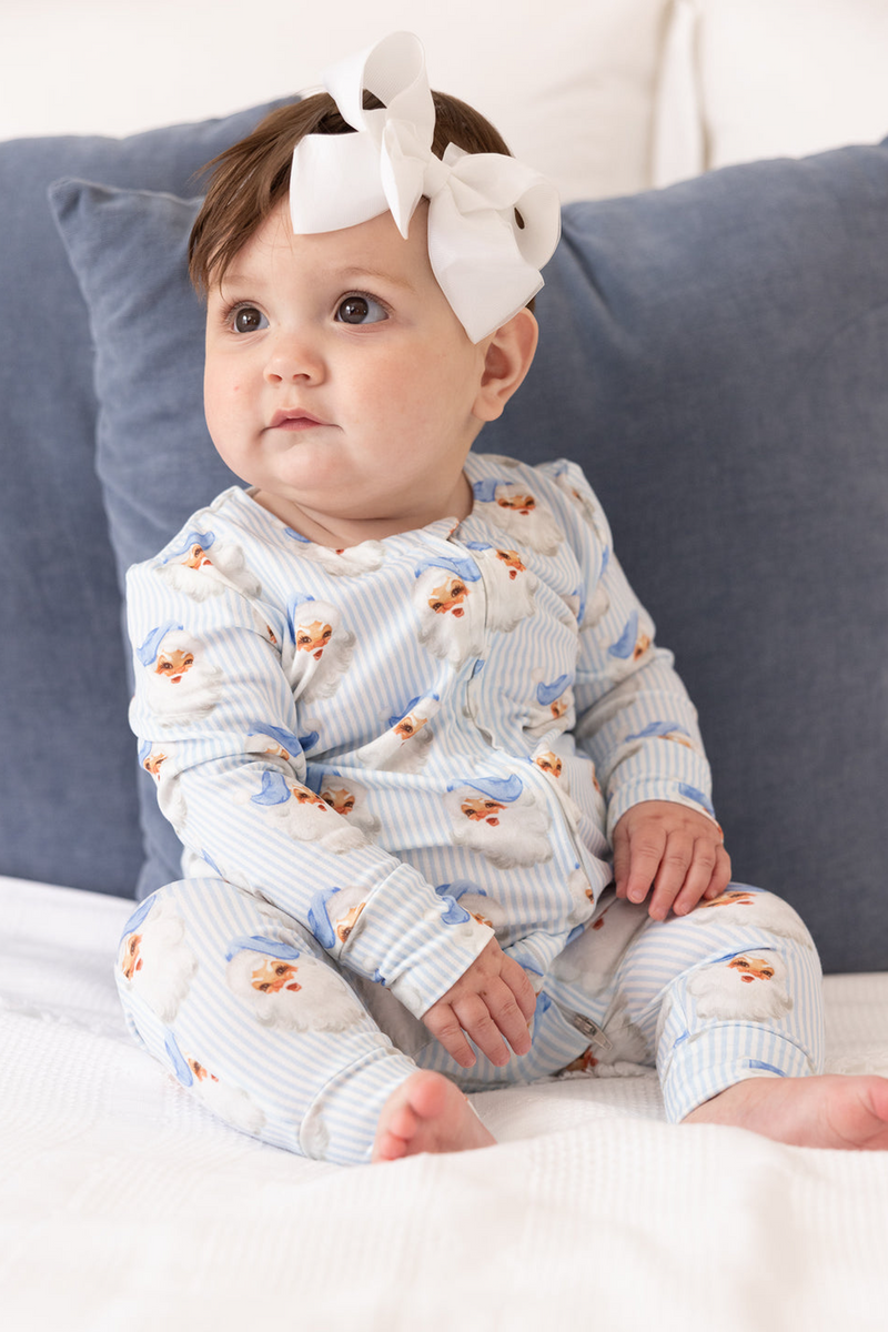 Light Gray Baby PJ Onesie | Santa Baby Blue Pajamas