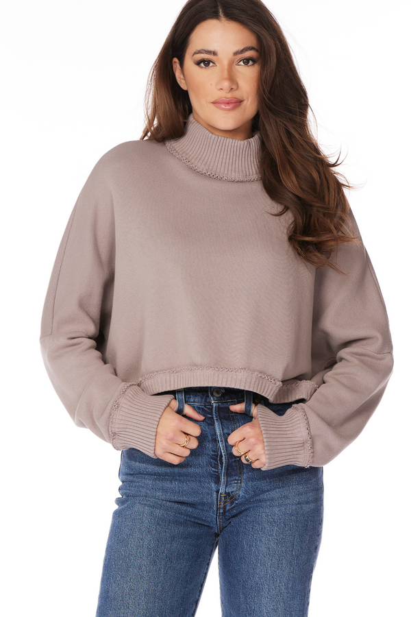 Rosy Brown Turtleneck Drop Shoulder Mixed Top Top