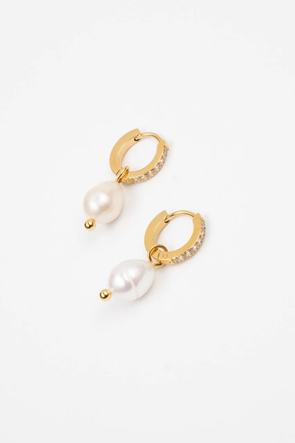 White Smoke Cz Pearl Drop Huggies Earring