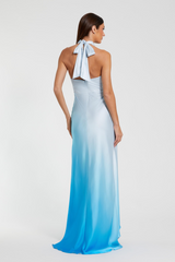 Light Gray Charmeuse Tie Halter Neck Ombre Gown | Blue Ombre Formal Dress