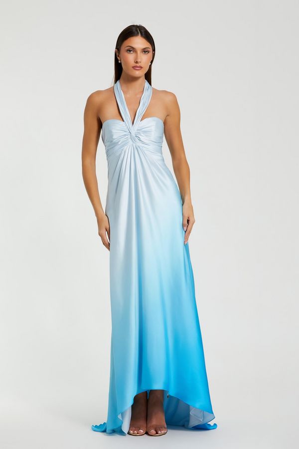 Light Gray Charmeuse Tie Halter Neck Ombre Gown | Blue Ombre Formal Dress