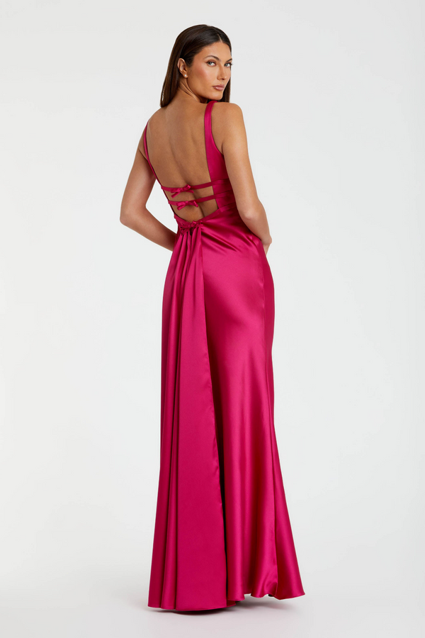 Lavender Sleeveless V Neck Satin Gown With Bow Details | Raspberry Formal Dress