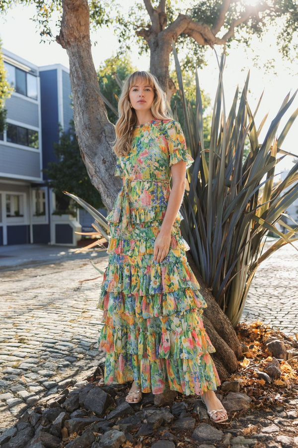 Dark Olive Green Green Floral Printed Chiffon Tiered Ruffle Dress Formal Dress