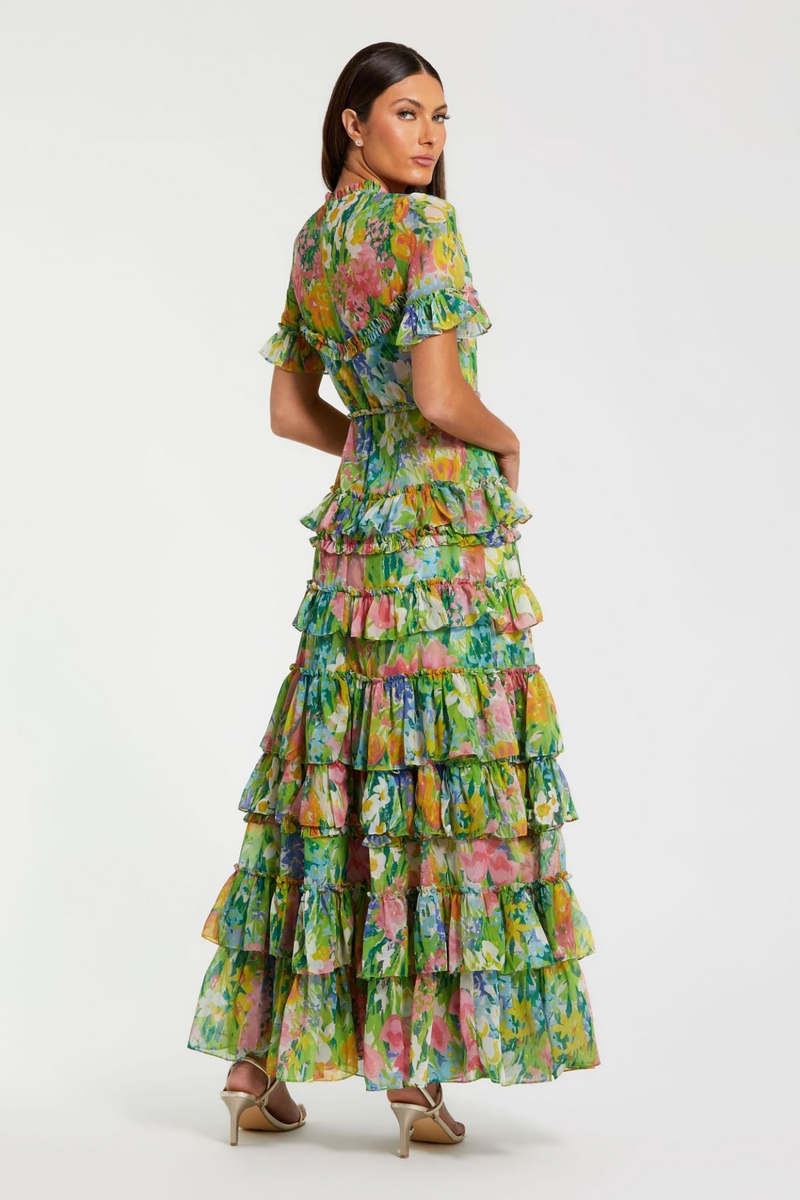 Beige Green Floral Printed Chiffon Tiered Ruffle Dress Formal Dress