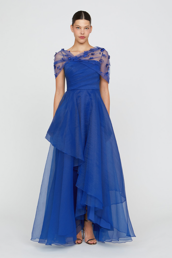 Dark Slate Blue Atlas | Shaw Draped Gown Formal Dress