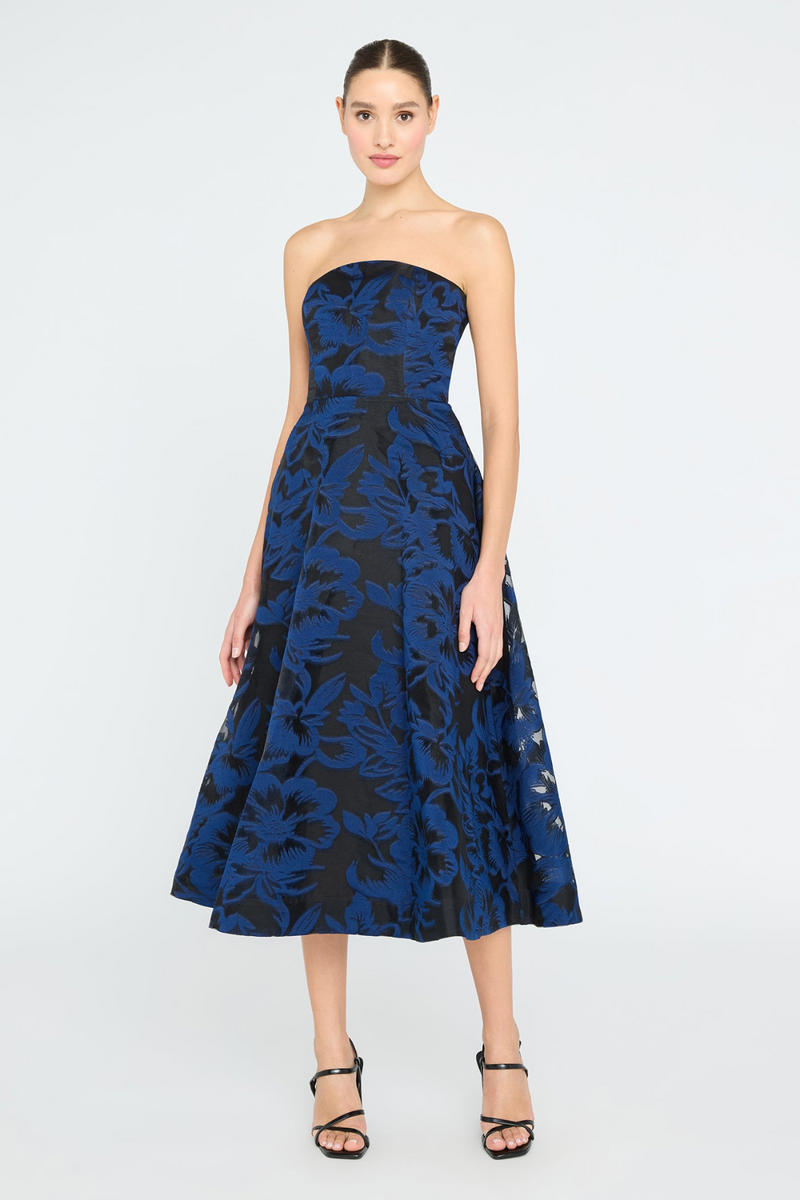 Lavender Laure Jacquard Midi Dress in Midnight Navy/Black Midi Dress