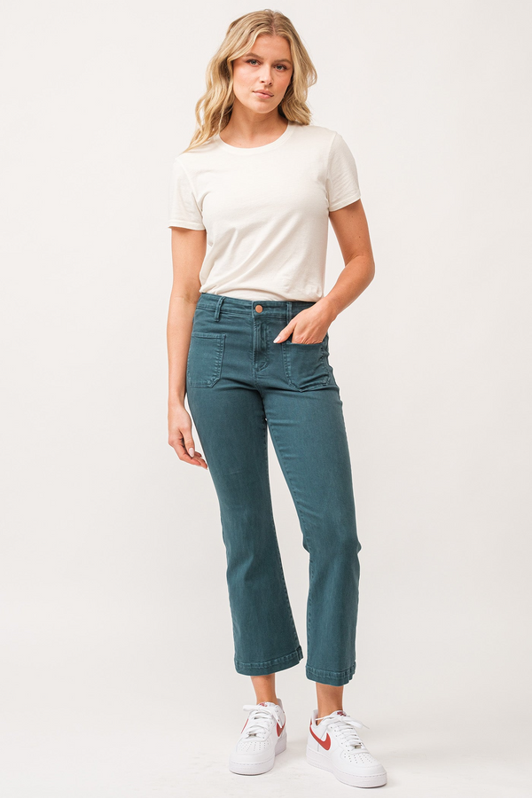 Beige Jeanne Mid Rise Cropped Flare Jeans | Deep Teal Jeans