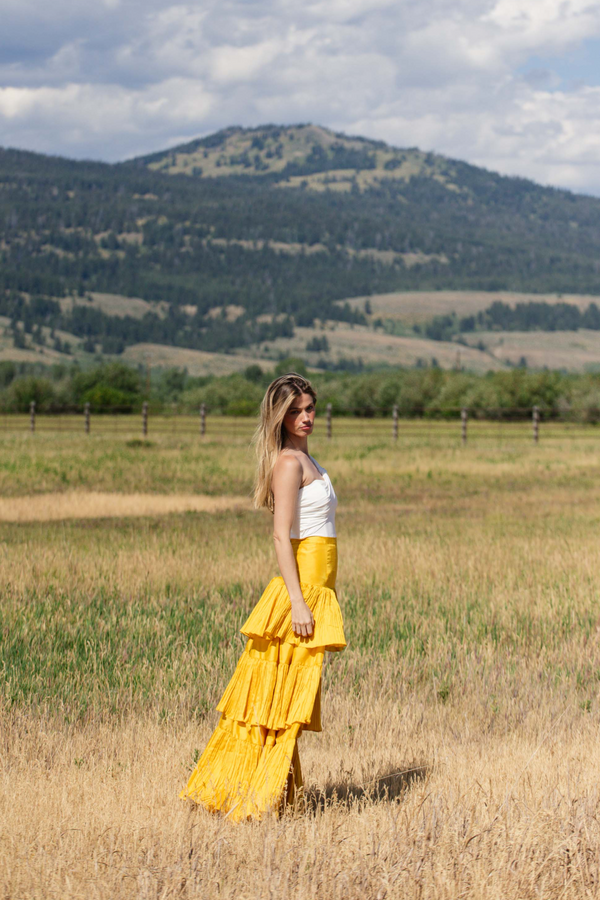 Rosy Brown Rhea Dress in White/Gold Maxi Dress