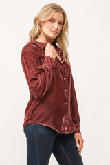 Beige Mirabelle Velvet Button Down Shirt Top