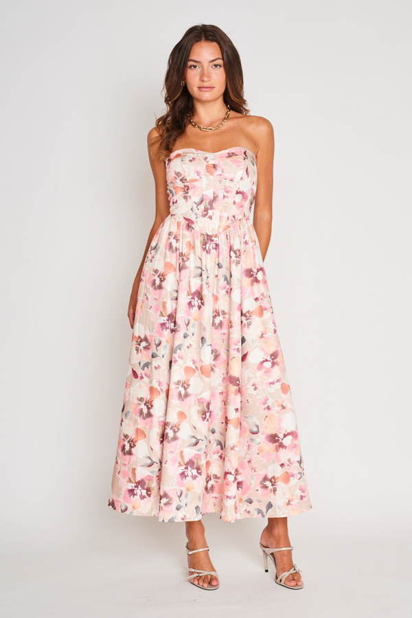 Light Gray Clara Dress in Pink Floral Maxi Dress