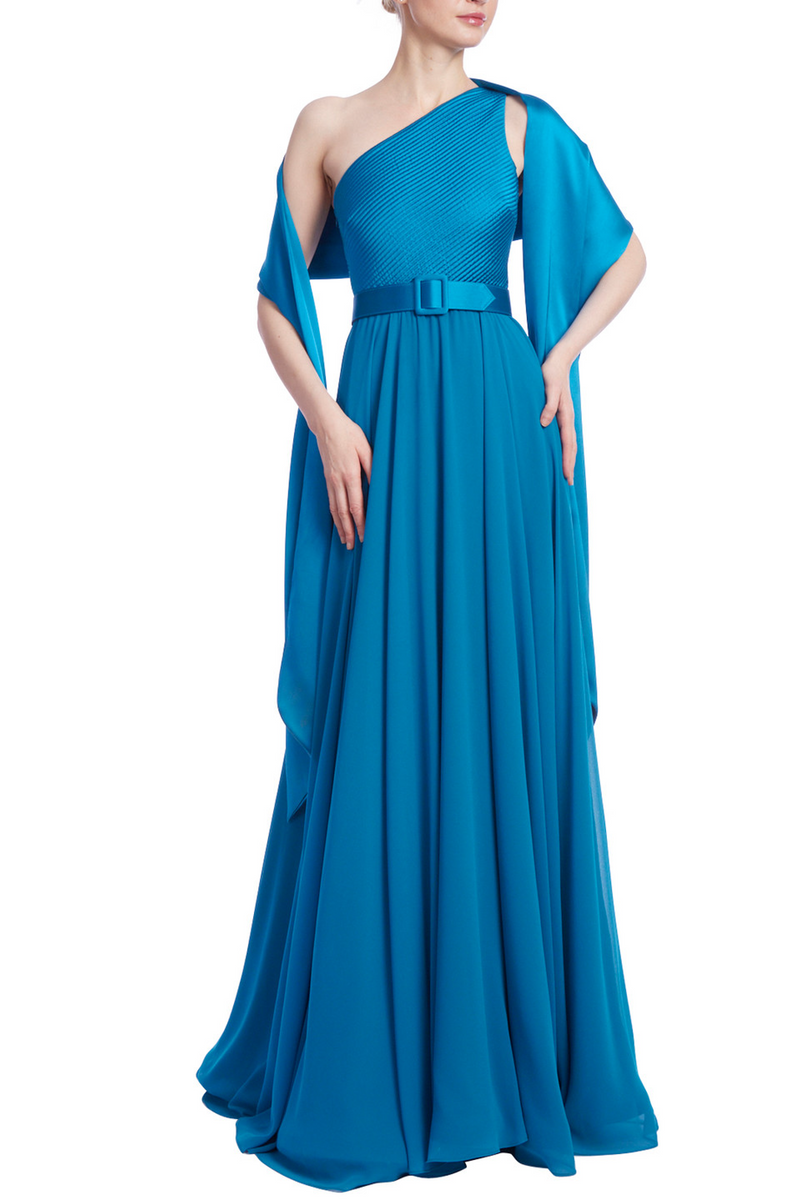 Dark Cyan Sleeveless One Shoulder Gown Formal Dress