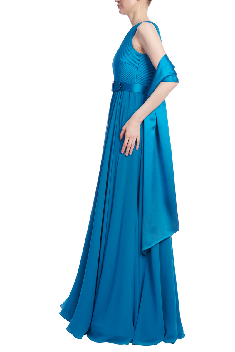 Dark Cyan Sleeveless One Shoulder Gown Formal Dress