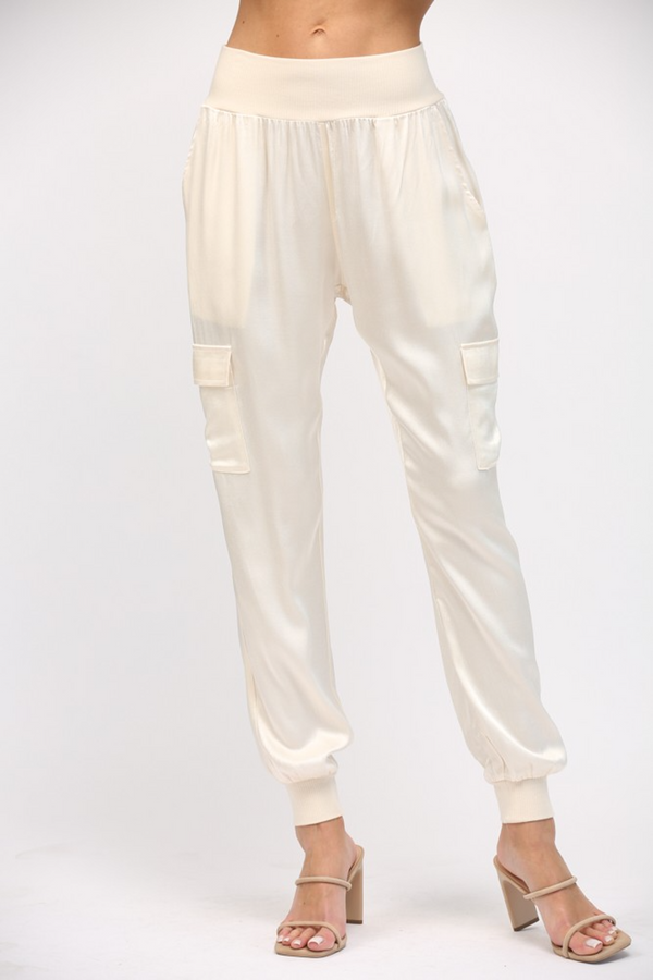 Antique White Jazzy Satin Cargo Jogger Pant Pant