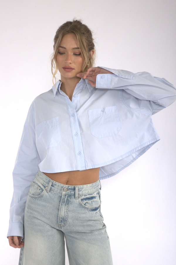 Light Gray Office Hours Button Down Crop Top