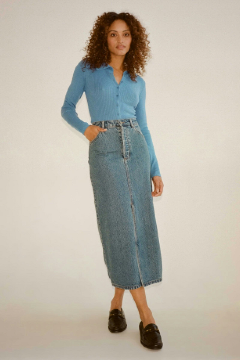 Light Gray Chicago Skirt | Lyocell Blue Mid Vintage Blue Midi Skirt