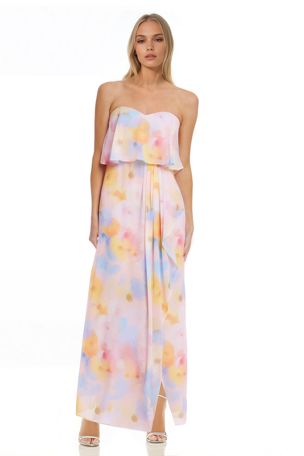 Light Gray Felicity Printed Strapless Popover Gown in Pink Multi Formal Dress