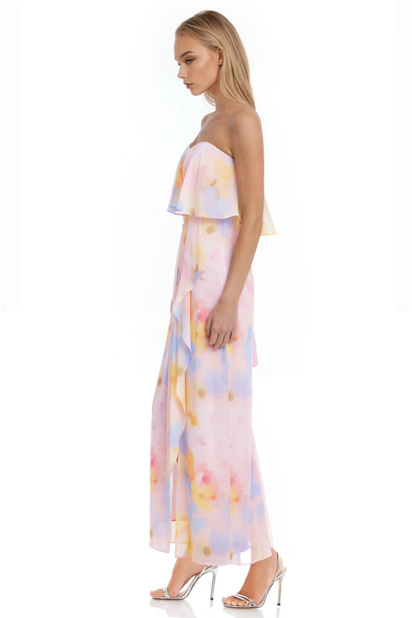 Light Gray Felicity Printed Strapless Popover Gown in Pink Multi Formal Dress